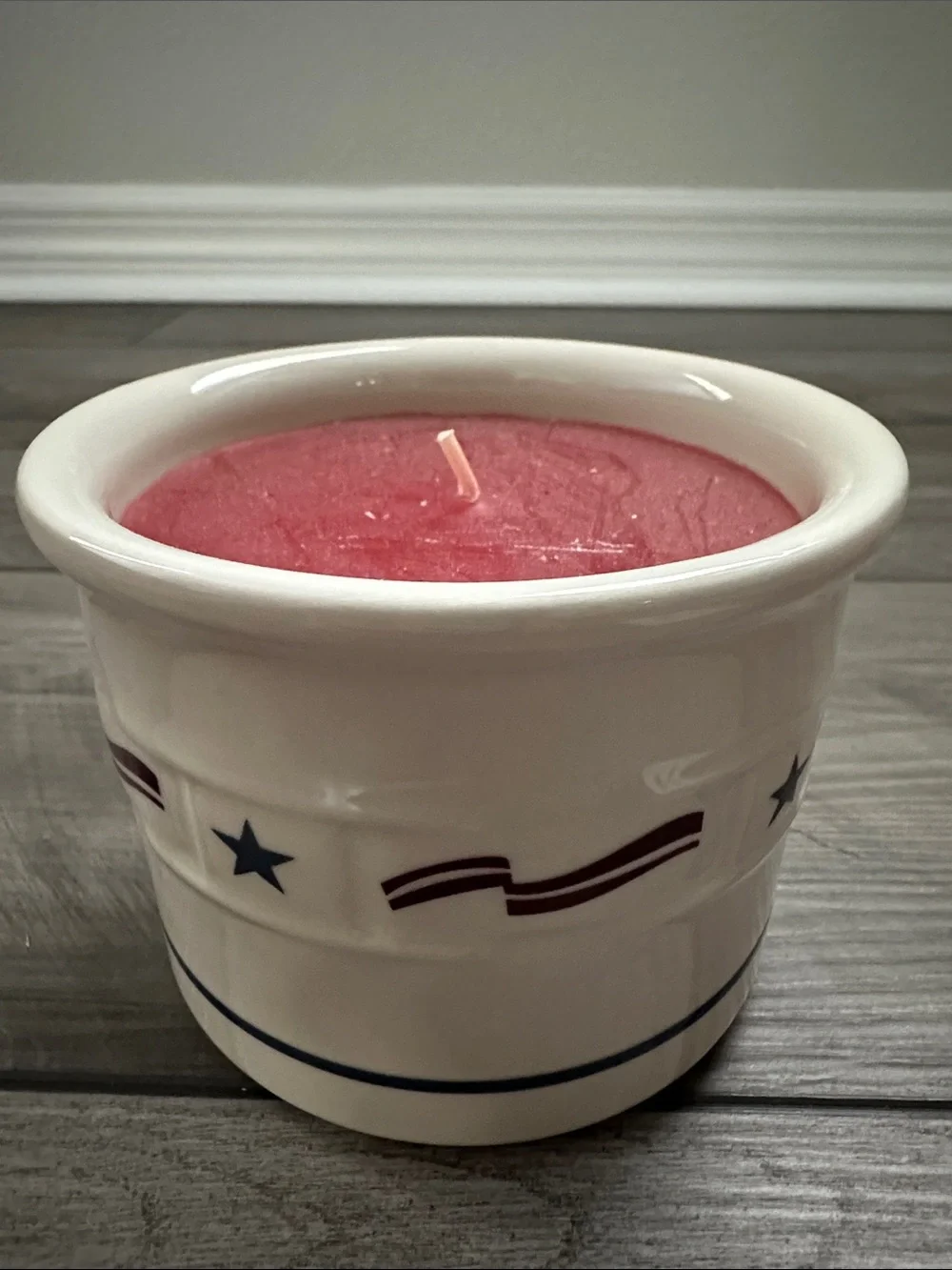 Longaberger Red, Blue and Cream Patriotic Pottery Crock and Candle - 2000